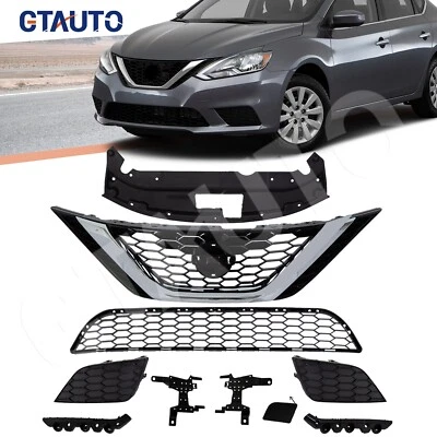 Front Bumper Upper Chrome Grille Bracket Lower Mesh For 2016-2019 Nissan Sentra Foto 1 de 4