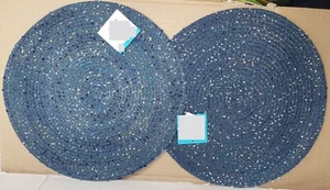 Set of 2 Same Round Woven Polypropylene Placemats(appr.15") BLUE WITH WHITE DOTS - Picture 1 of 8