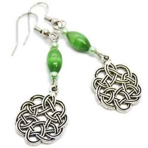 St. Patrick Silver Tone Celtic Knott and Green Glass Bead Earrings By SoniaMcD - Picture 1 of 13
