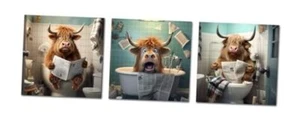 Bathroom Canvas Wall Art Funny Animal Pictures 3 Pieces 12"x12"x3 highland cow - Picture 1 of 8