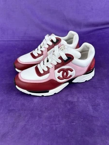 Chanel Calfskin CC Sneakers Light Burgundy White Pink Women's Size 35 - Picture 1 of 6