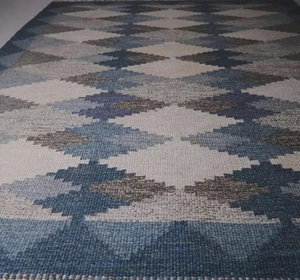 Blue Flat weave Geometric Diamond Flat weave Carpet – Boho Tribal Wool Area Rug - Picture 1 of 8