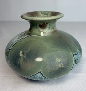 Wizard Of Clay Crystalline Squat Mini Vase Green Blue w/ Golden Crystals OOAK - Bild 1 von 21