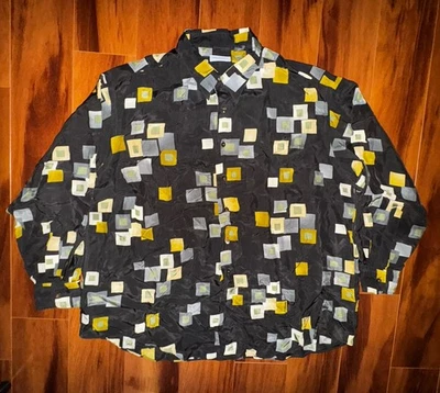 Bullock & Jones Tencel Shirt Large Black Geometric Square Print USA Made DISCO - Image 1 of 4