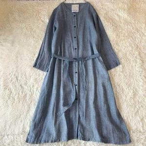 ICHI Antiquités Shirt Dress Denim Linen Blue Robe Belted FREE SIZE Japan Made - Picture 1 of 10