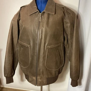 Excelled Men’s XLTall Leather Bomber Jacket Brown Leather Insulated Y2K Map - Picture 1 of 20