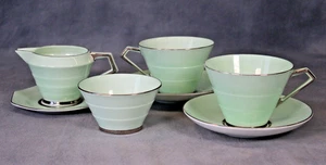 Antico servizio da tè Art Deco Paragon Fine Bone China a gradini verde e argento menta - Foto 1 di 6