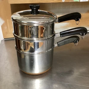 Vintage Revere Ware 3 Qt. Copper Bottom Saucepan w Double Boiler, Steamer & Lid - Picture 1 of 11