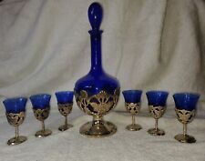 Cobalt Blue Decanter & 6 Cordial Stemware Silverplate By American Cut Crystal Co