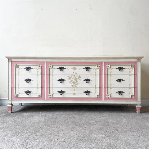 Vintage Mid Century Pink Green and White Wooden Dresser by John Widdicomb Cover