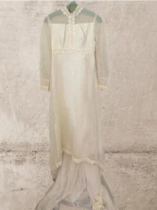 Antique Simple Edwardian or Retro Dotted Swiss Wedding Dress Lace trim w/ train - Picture 1 of 14