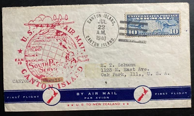 1940 Canton Island First Flight Airmail Cover FFC To Oak Park IL Usa Vía Hawaii - Image 1 of 2