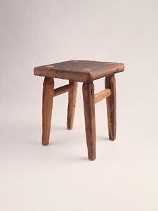 Hand-Carved Barn Oak Curvy Stool Natural Wooden Handmade Furniture Flat Seat