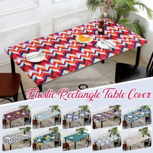 Rectangle Table Cover Elastic Stretch Polyester Printed Table Cloth Home Outdoor - Picture 1 of 43
