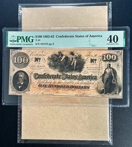 T-41 1862 $100 Confederate States of America "COTTON PICKER" PMG 40 - XF Comment - Picture 1 of 2