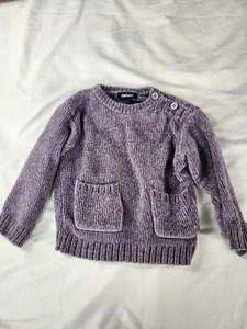 DKNY 2T Girls Purple Chenille Sweater Soft Cozy Knit Pullover Pockets Button - Picture 1 of 5