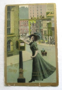 Vintage 1909 Roman Postkarte To My Honey Boy mit metallischem Goldrand & Akzent - Bild 1 von 2