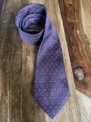 Corbata de seda Hermes auténtica de colección 3,25 con 54 larga con estampado de nudo trenzado azul borgoña Foto 1 de 4