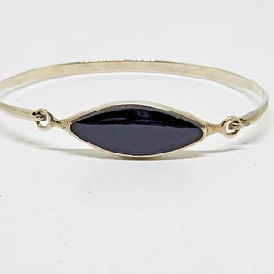Vintage Estate Sterling Silver Onyx Inlay Hinged Bangle Bracelet ~ 6.5" - Picture 1 of 7