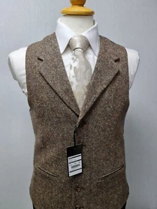 Mens NEW Brown Tweed Wedding Evening Formal Suit Peaky Blinder Vest Waistcoat - Picture 1 of 2