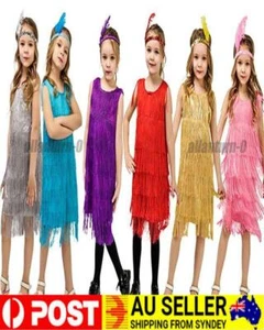 Girls Flapper 1920s Charleston Chicago Gatsby Fringe Costume Kids Fancy Dress Up - Picture 1 of 17