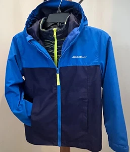 Eddie Bauer Boy's 3 in 1 Jacket SMALL 7/8 Blue Neon Winter Hooded Youth Coat - Picture 1 of 16