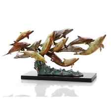 Multicolored Brass & Marble Hand Finished Dozen Swimming Dolphins Sculpture