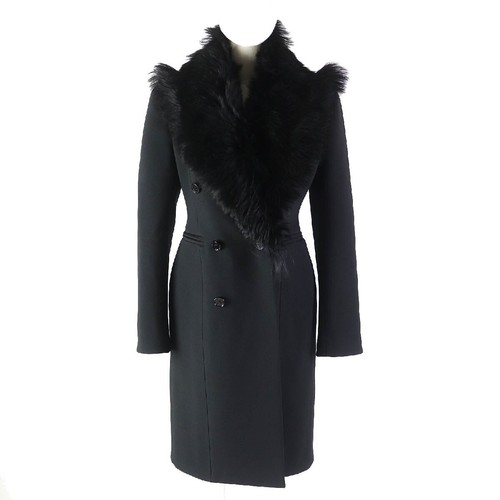 Cappotto lungo imbottito BOTTEGA VENETA collo pelliccia agnello nero taglia 34 lana acrilica