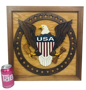 18" Intarsia Wood Art Eagle USA Flag Military Patriotic Wall Hanging America - Picture 1 of 18