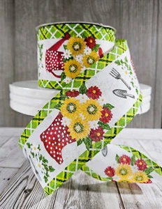 Garden Theme Ribbon. Sunflowers, Rainboots. 2.5" Wired Edge. 10 Yard Roll. NEW - Picture 1 of 2