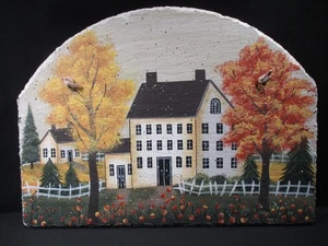 Colgante de pared de pizarra pintada - escena de campo de otoño - casa/árboles - 13" x 9,75" - Imagen 1 de 7