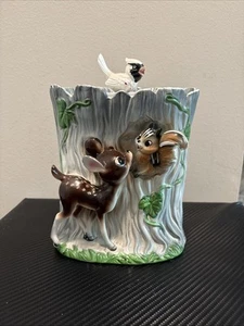 VTG 3D DEER & SQUIRREL Ceramic Cookie Jar Tree Trunk With Bird Handle - Picture 1 of 9