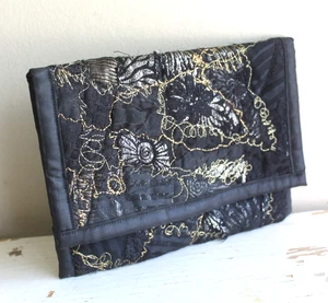 Handmade Art to Wear Clutch Purse Black Silver Machine Free Embroidery Snaps - Picture 1 of 4