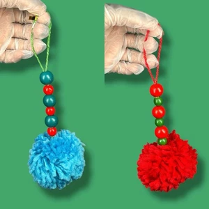 Blue, Green, And Red Fluffy Pom Pom Beaded Christmas Ornaments - Set Of 2 - “Cal - Picture 1 of 20