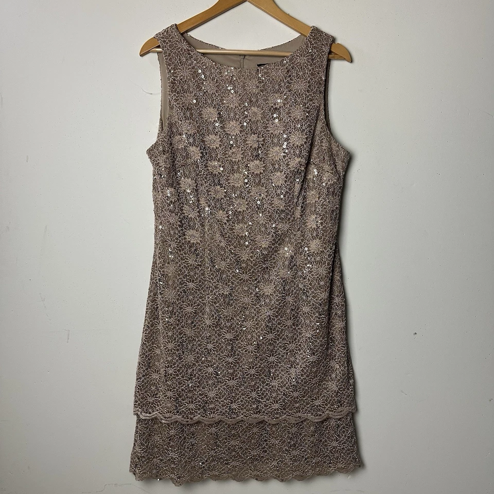Vtg Y2k 90s Sheath Dress Sequin Beige Crochet Knit Lined Forest Fairy Grunge 16 - Image 1 of 4