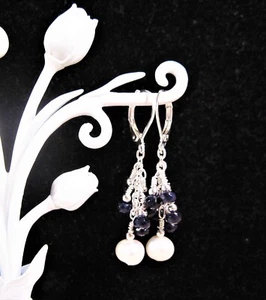 Gorgeous 925 Sterling Midnight Blue Sapphire & Pearl Lever back Earrings F91 - Picture 1 of 2