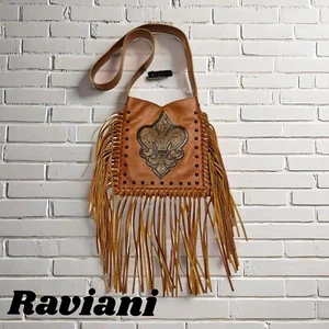 Raviani Fringe Crossbody W/Fleur De Lis In Light Brown Pebble Grain Leather - Picture 1 of 3