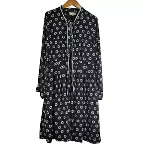 ModCloth Dress Womens Large Black White Floral Polka Dot Bow Pockets Lined Goth - Picture 1 of 6