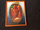 Original Old Vintage Haitian Folk Art Painting~Signed Rare Oval Abstract~Gleaner