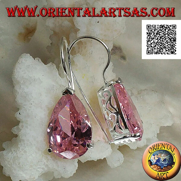 Orecchini Argento 925‰ zircone rosa a goccia su montatura con trafori laterali - Immagine 1 di 1