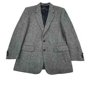 Harris Tweed 38R-40R Black Blue Green Hopsack Sport Coat VTG w/ Leather Button - Picture 1 of 18