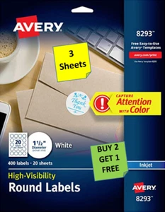 [3 hojas] Etiquetas redondas de alta visibilidad Avery 8293 1/2 diámetro inyección de tinta B2G1 - Imagen 1 de 1