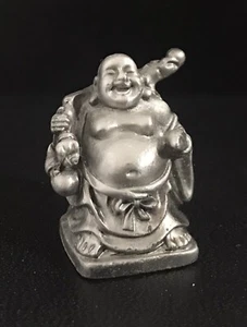 Pewter Laughing BUDDHA Fan Sack Good Health Prosperity Luck Figurine Statue - Picture 1 of 3