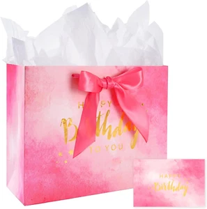 Sacchetto regalo compleanno grande 13" con cartoncino e carta velina, grande rosa e oro nascita - Foto 1 di 7