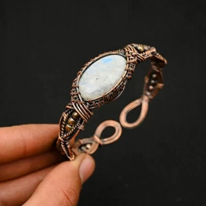 Mondstein Edelstein Kupferdraht Wickelmanschette verstellbar handgefertigt Armreif Schmuck - Bild 1 von 4