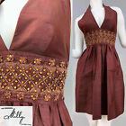 4 S Milly 100% Silk Brown Halter Mini Dress w/ Amber Swarovski Rhinestones