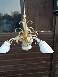 Vintage 2000 Toleware Style 3 Arm Ceiling Light Curled Leaves Opaque Shades used