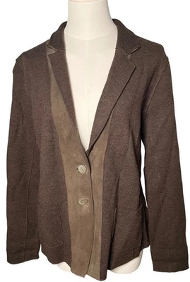 Chaqueta Blazer Eileen Fisher L Lana Merino Cordero Cuero Borde Marrón Minimalista Foto 1 de 4