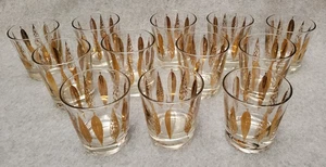 12 Vtg Fred Press Mid Century Abstract Gold Leaf Lowball Cocktail Glasses MCM - Picture 1 of 12