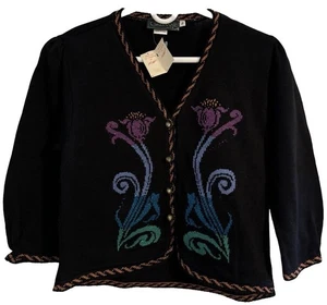 Neu mit Etikett $ 158 Cullinane Damen Small schwarz LS V-Ausschnitt Blumen Cardigan Pullover hergestellt in den USA - Bild 1 von 10